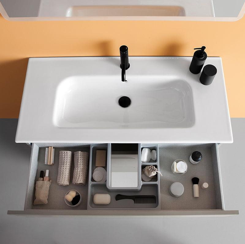 CONJUNTO MUEBLE DE BAÑO + LAVABO + ESPEJO + LUMINARIA (PATAS VITALE / 3 CAJONES)
