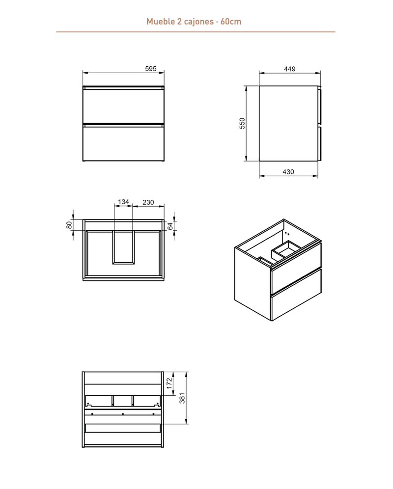 CONJUNTO MUEBLE DE BAÑO + LAVABO + ESPEJO  (GRANADA / 2 CAJONES)