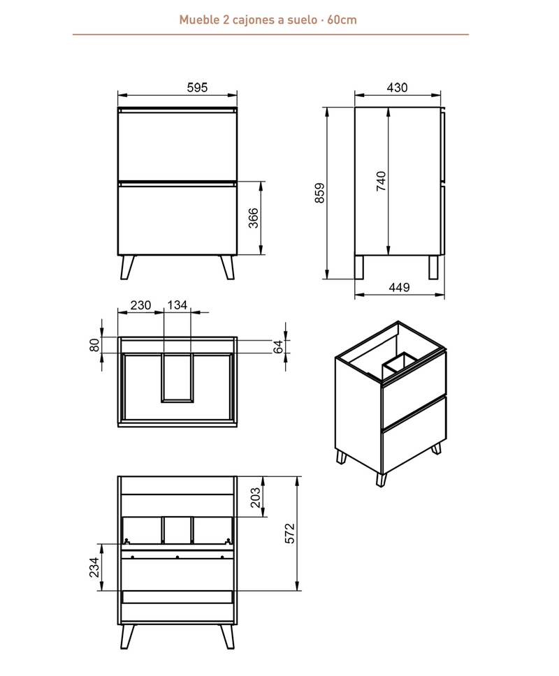CONJUNTO MUEBLE DE BAÑO + LAVABO (GRANADA PATAS / 2 CAJONES)