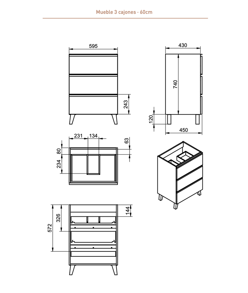 CONJUNTO MUEBLE DE BAÑO + LAVABO (GRANADA PATAS / 3 CAJONES)